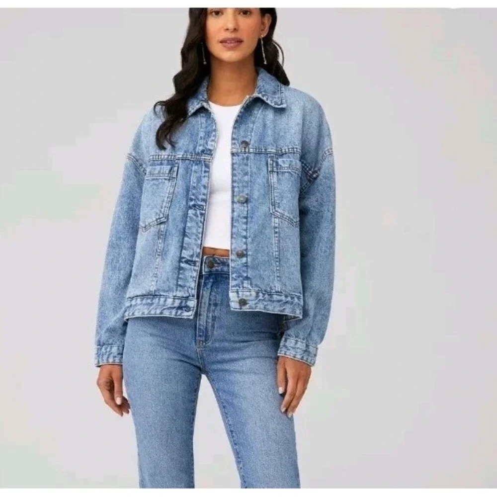 We The Free People Opal Swing Denim Jean Jacket Size M Blue Pleat Back Oversized - Picture 1 of 13